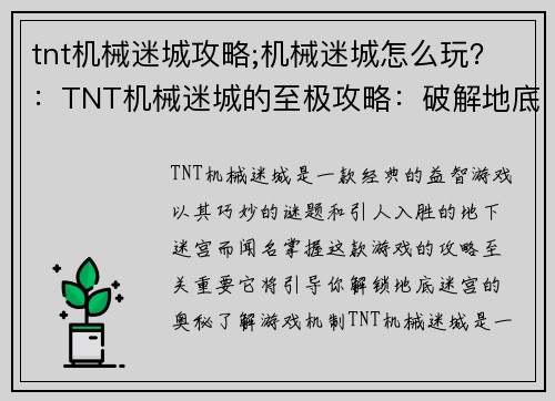 tnt机械迷城攻略;机械迷城怎么玩？：TNT机械迷城的至极攻略：破解地底迷宫的奥秘