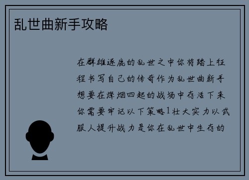 乱世曲新手攻略