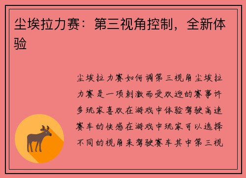 尘埃拉力赛：第三视角控制，全新体验